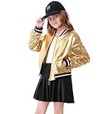 LOLANTA Kids Zip Up Bomber Jacket Solid Color Lightweight Cropped Cooling Shiny Windproof Outerwear Girl (Gold, 11-12 Yrs)