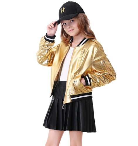 LOLANTA - LOLANTA Girls Bomber Jacket Shiny Windproof Outerwear 1993 Lightweight Cropped Kids Windbreaker Jacket (Gold, 6-7 Yrs)