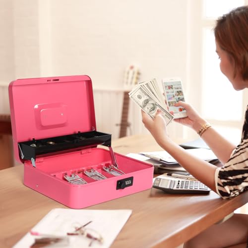 Cash Box with Money Tray and Combination Lock, Parrency Large Money Box, 5 Compartments for Cions & 4 Spring-Loaded Clips for Bills, 11 4/5" x 9 2/5" x 3 1/2", Pink - Thumbnail 7
