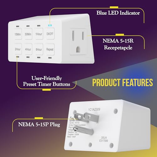 Image of ENERLITES 8-Hour Countdown Timer for Electrical Outlets, UL Listed