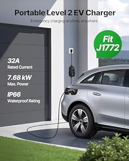 VEVOR Level 2 EV Charger, 32 Amp Adjustable Current, 240V Electric Vehicle Portable Charger with 25 ft Charging Cable, NEMA 14-50P Plug, LCD Display, Plug-in Home Car Charging Station for SAE J1772 EV