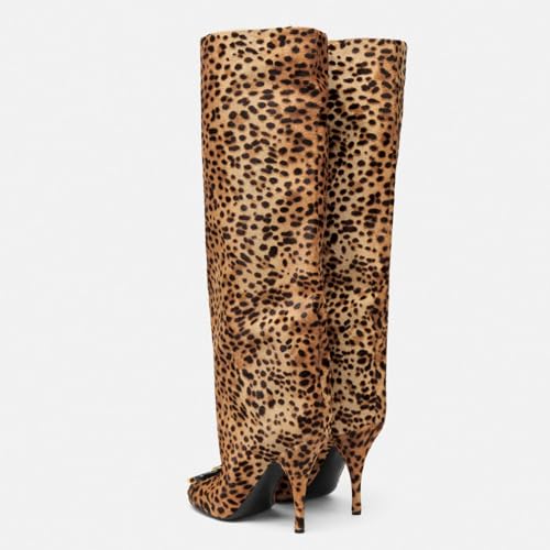 Goolita Women's Bow Leopard Knee High Boots Round Toe Stiletto Heels Fashion Slip on Wide Calf Tall Boots4