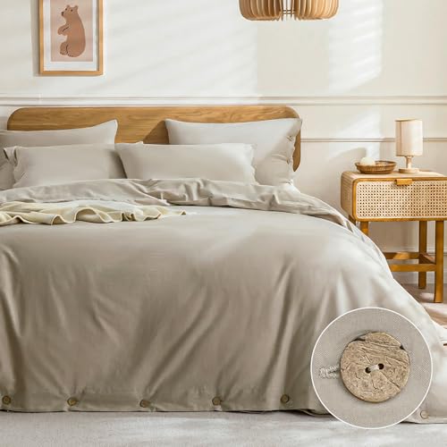 Image of JELLYMONI Cotton Duvet Cover Queen Size - Linen Gray Comforter Cover with Button 100% Washed Cotton 3PCS Breathable Soft Solid Bedding Set Duvet Cover 90x90in & 2 Pillowcases (NO Comforter)