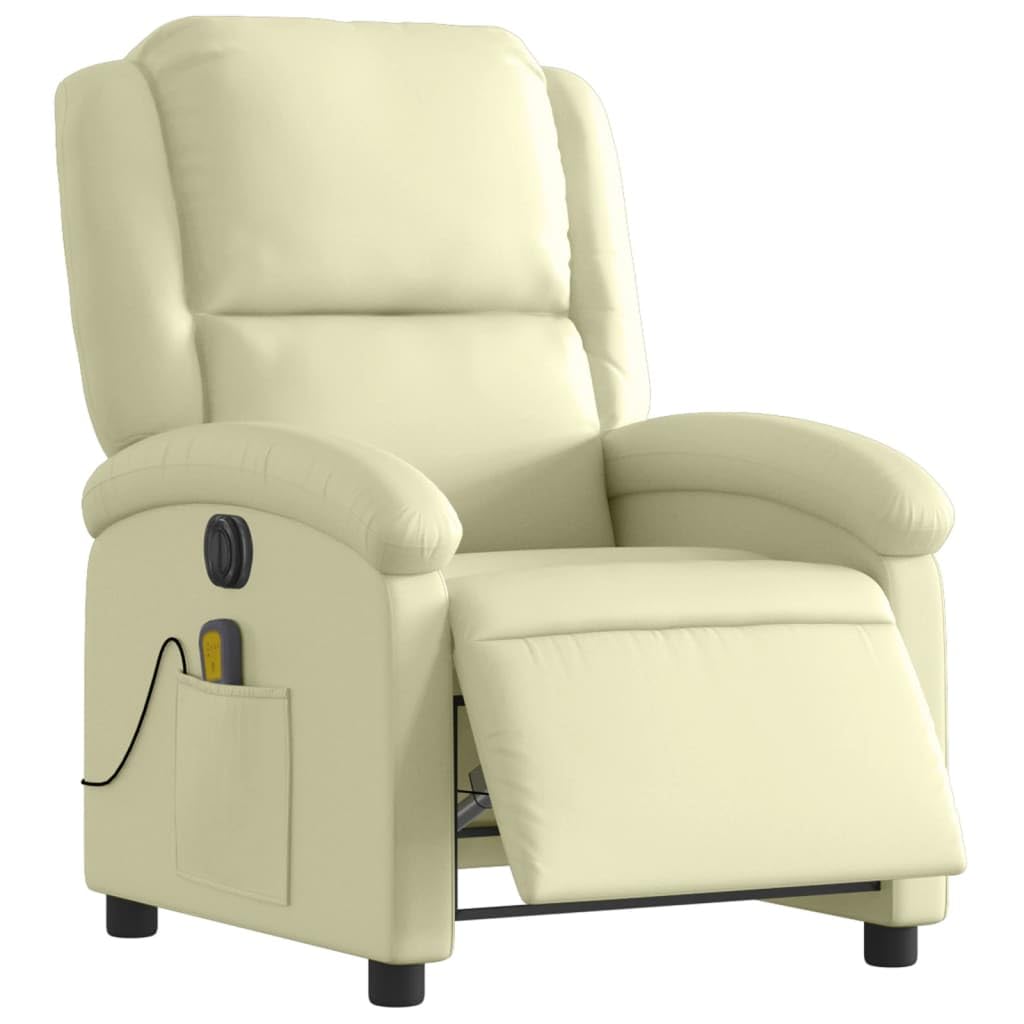 Massagesessel Elektrisch Creme Echtleder mit 6-Punkt-Vibrationsmassage und Elektromotor verstellbar bis 135 Grad, Holz Metall Gestell, bequemer Relaxsessel für Wohnzimmer Büro Lounge Ruhe