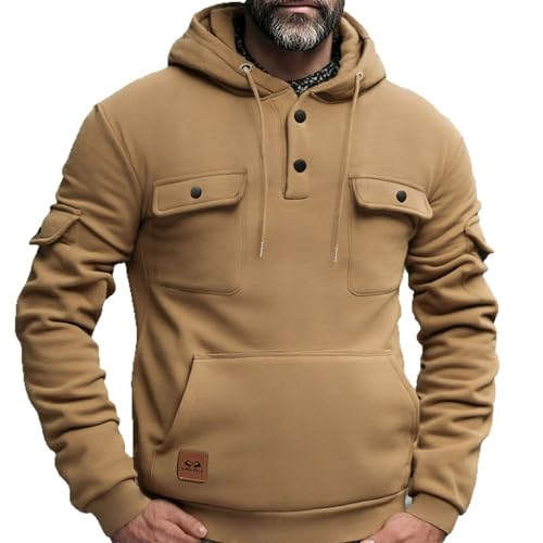 Plus Size Cargo Hoodie for Men Long Sleeve Button up Tactical Hoodie with Pockets