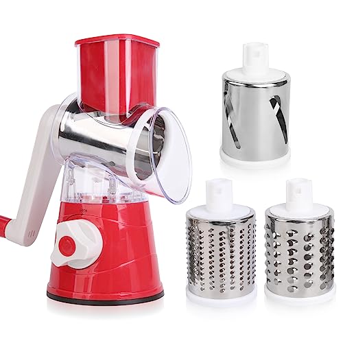 Iceten 3 in 1 Rotary Cheese Grater and Vegetable Slicer with 3 Stainless Steel Rotating Blades