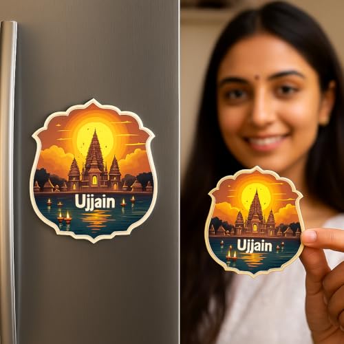 Image of Naxon Ujjain Temple Theme Souvenir Wooden Fridge Magnet for Refrigerator - Printed Fridge Magnet for Kitchen & Home Decor | Perfect Souvenir Gift | Size 3x3 in | Pack of 1