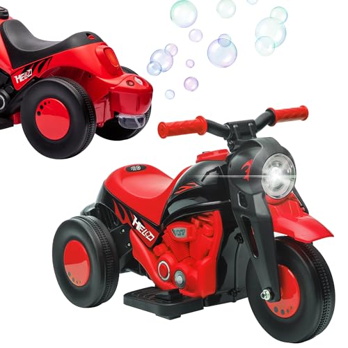 AIYAPLAY Moto Eléctrica para Niños de +2 Años Moto de Batería para Niños 6V con Función de Soplar Burbujas Faros Música Velocidad 3 km/h Carga 30 kg Rojo