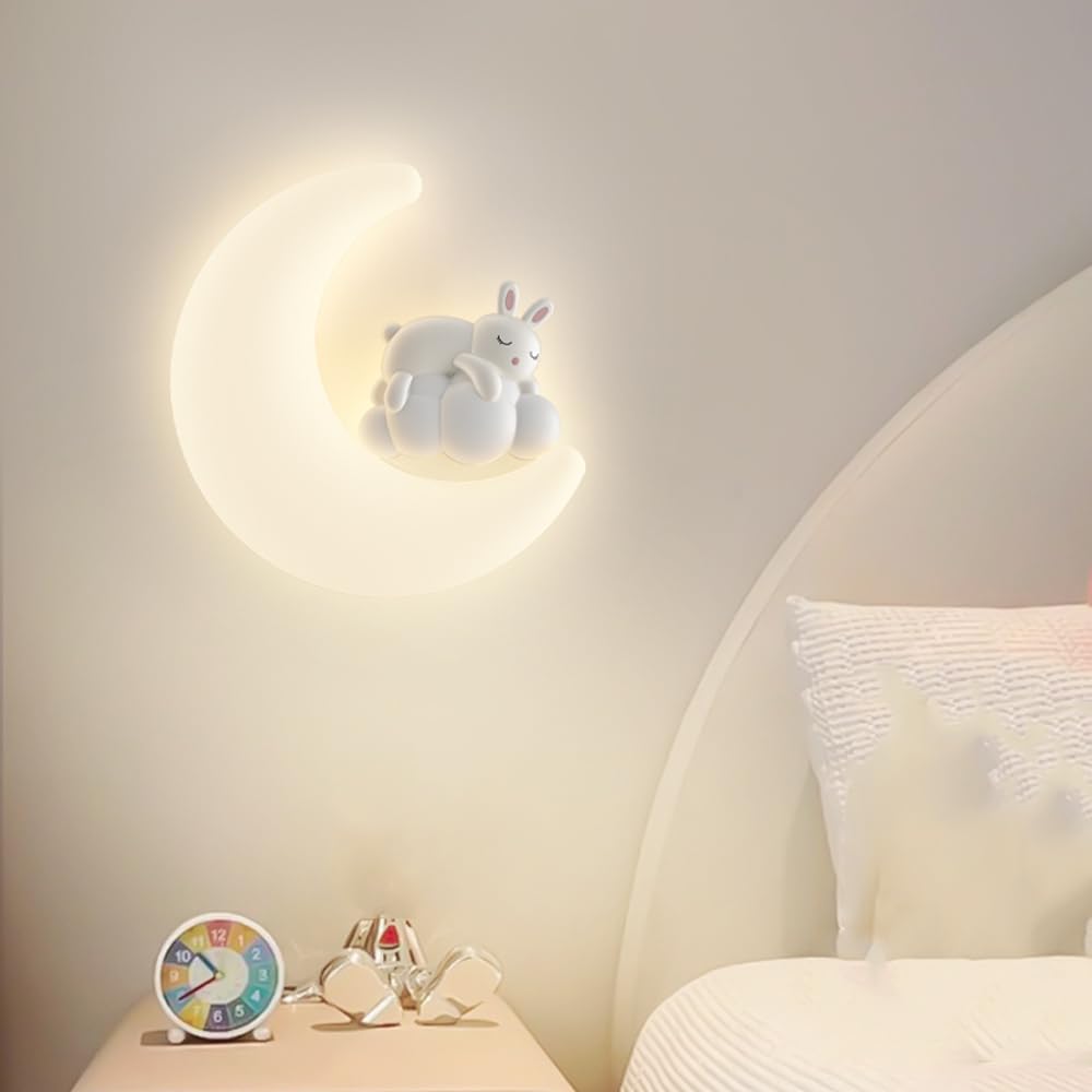 Applique da parete a forma di luna, per cameretta dei bambini, con cavo, a forma di coniglio e orso, a forma di animale, luce notturna per cameretta dei bambini, lampada da parete moderna nordica per