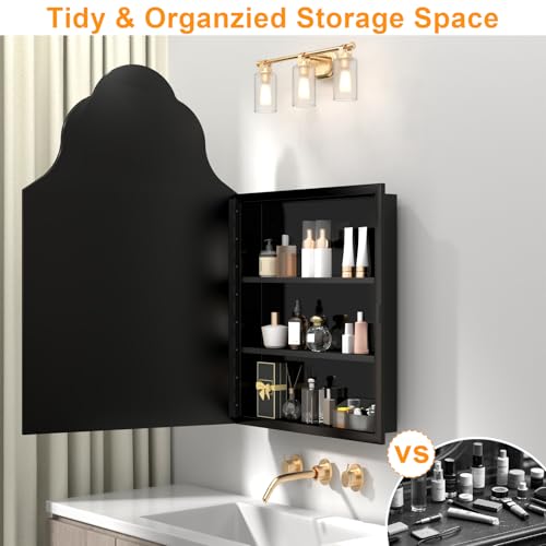 Image of 20 inchx32 inch Irregular Medicine Cabinet with Mirror, Recessed or Surface Mount Black Arched Medicine Cabinet for Bathroom, Artistic Decorative Mirror with Storage, Full Metal, Easy Installation