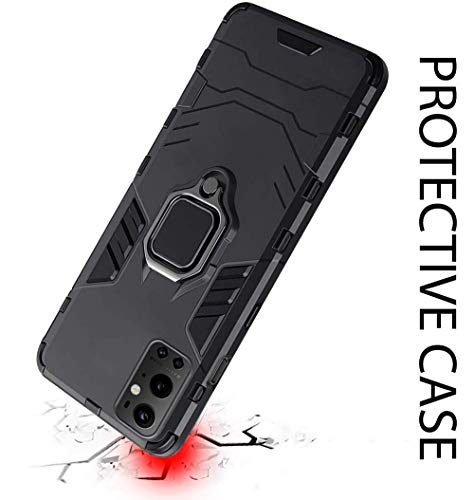 Image of WOW IMAGINE Shock Proof Back Case Mobile Cover for 1+ OnePlus 9 Pro 5G (Armor | Hybrid PC + TPU | Full Protection with Ring Holder Kickstand | Carbon Black)