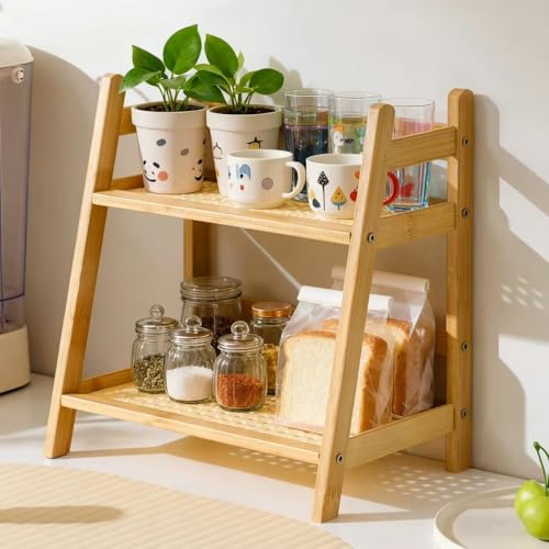 ZHYAKLD Küchenregal Arbeitsplatte Bambus-Becherhalter 2-Stufig Matcha-Ständer Kaffee Organizer Tassenregal Holz Stehend Küche Aufbewahrung für Tee Kaffee Bar Tassen-Display Gewürz (Hellbraun A)
