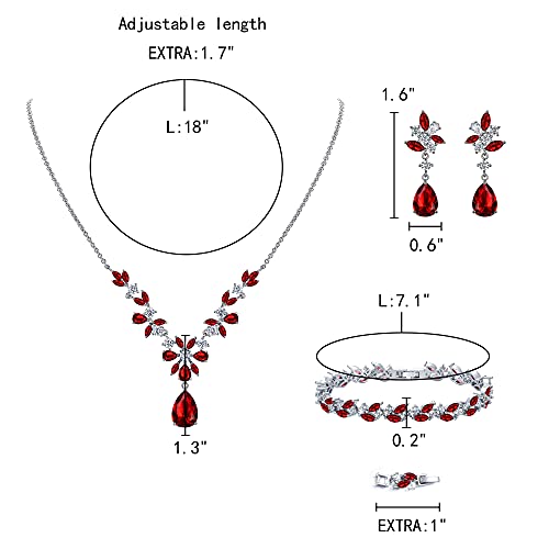 Elequeen Women's Wedding Bridal Jewelry Set For Brides Bridesmaids, Sparkle Cubic Zirconia Teardrop Necklace Dangle Earrings Bracelet Sets For Party Prom Ruby Color #TOP2
