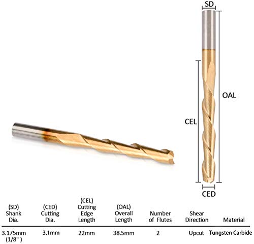 Hqmaster Cnc Router Bits 1/8 Shank Router Bit 3.1Mm End Mill Spiral Upcut Titanium Coated 2 Flute Milling Cutter Cutting Tool Set Tungsten Carbide 22Mm Cel, 38.5Mm Oal For Mdf Acrylic Wood Pvc Hardwood 10 Pack #TOP5