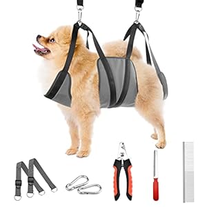 Pet Grooming Hammock with Adjustable D-Hooks, Grooming Supplies Kit, Grooming Sling for Cat & Dog Nail Trimming/Ear/Eye/Hair Care, Included Nail Clippers, Nail File, Pet Comb (S)
