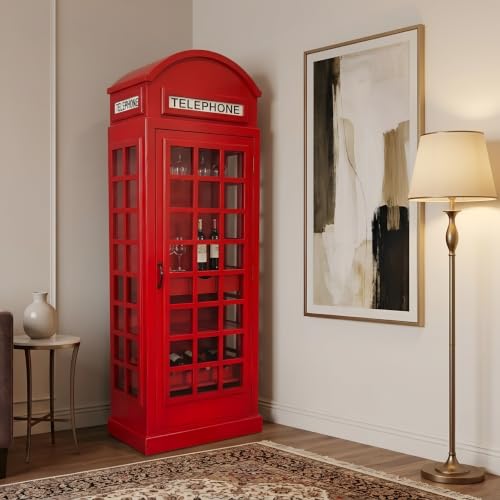 Image of Giles Vintage Telephone Booth Bar Cabinet - Solid Mango Wooden Wine Storage Cabinet with Glass Holder & Bottle Rack, Freestanding Liquor Bar Unit for Living Room, Home Decor (Red Finish)