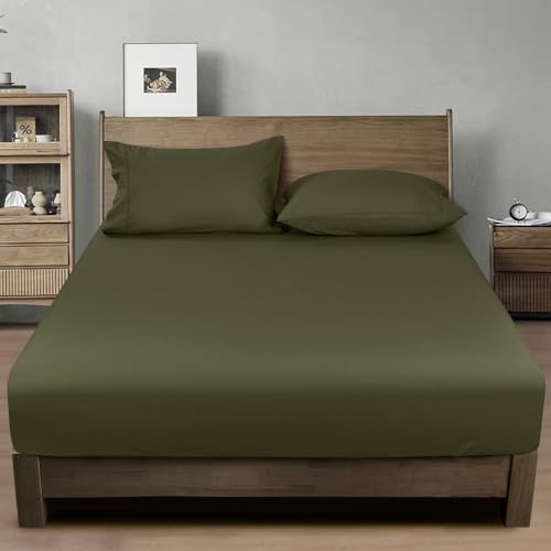 PHF 100% Garment Washed Cotton Fitted Sheet Twin Size - Cozy Cloud Soft Linen Like Bottom Sheet Only with Elastic Deep Pockets, Easy Fit Breathable Warm not Shrink,39"x 75",Olive Green,No Pillowcase