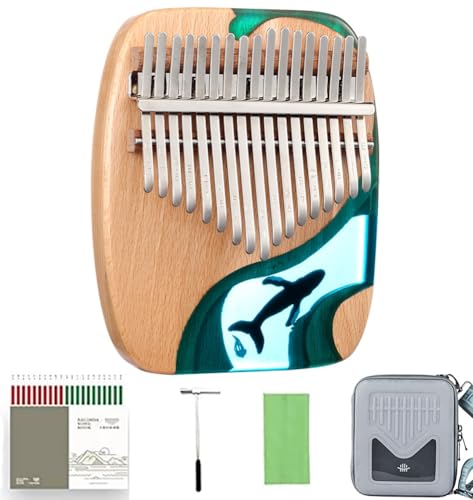 17 Keys Thumb Piano Kalimba, Portable Finger Piano with Song Book Tuning Hammer Piano Case & More! Gift for Beginners, Beechwood & Ocean Blue Ocean Whale Design