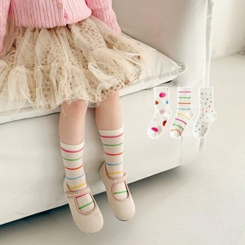 3 Pairs Girls’ Thin Crew Socks for Summer Spring, Cute Cotton Mesh Colorful Mid-calf Socks with Ruffle Trim Polka Dot2