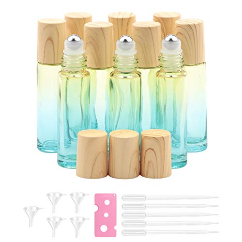 10Pack Yellow-blue Gradient Glass Roller Bottles UV Protection 10ml Gradient Color Essential Oil Roller Bottles with Stainless Steel Roller Balls and Wood Grain Lids