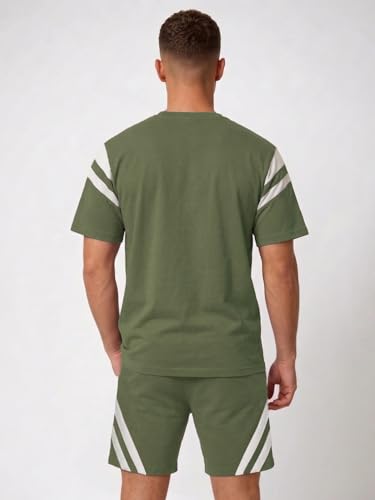 Image of CHKOKKO Men's Co-Ord Set Premium Cotton Blend Oversized T-Shirt & Shorts Cord Set with Side Pockets Round Neck Half Sleeves Solid with Contrasting Stripes Summer or Casual Wear