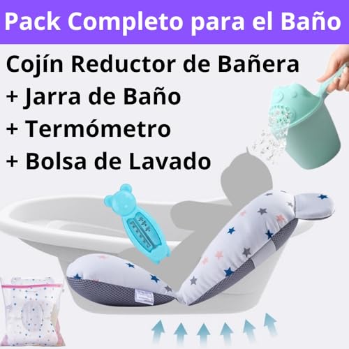 Miniatura 2 de Megaser Pack Cojín Bañera Bebé Universal Jarra De Baño Termómetro Bolsa Lavado, Reductor Bañera Bebe, Adaptador Bañera Recién Nacido, Almohada Bañera Bebé Cómoda, Pack Completo Para Baño
