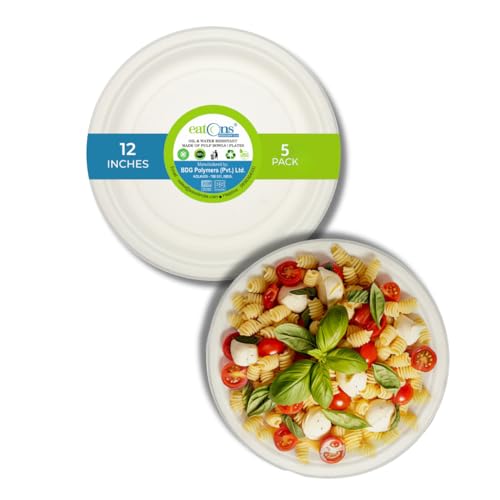 Image of EATONS 12 Inch Bagasse Disposable Plates | Eco-Friendly Biodegradable Compostable Sugarcane Paper Plates | Full Meal Plate | Serve Snacks & Dinner | Ideal for Birthday, Wedding, Party | Round (5 Pack)
