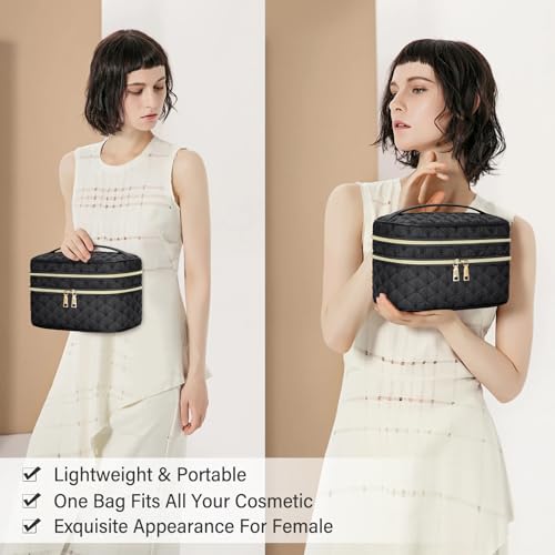 IGOLUMON Travel Makeup Bag Double Layer Make Up Bag Portable Large Cosmetic Bag Wide-open Toiletry Bag for Women Roomy Cosmetic Case Pouch Multifunction Organizer Storage Bag, Black