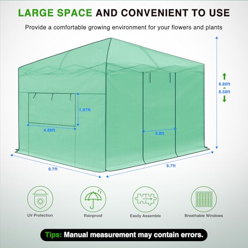 Yesker Greenhouse 10X10 FT Pop Up Greenhouses Tent Walk in Green House with Screen Windows Waterproof PE Cover Portable Large Greenhouse Kit for Outdoor Winter Gardening Backyard Patio Plant Outside