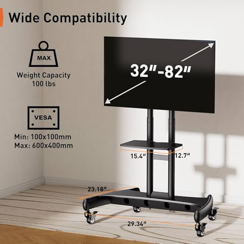 Perlegear Mobile TV Cart for 32-82 Inch Flat/Curved LED/LCD/OLED TVs Rolling TV Stand with Height Adjustable Shelf Max VESA 600x400mm up to 100lbs- Outdoor TV Stand Trolley with Wheels PGTVMC05-1