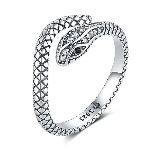 MARLION JEWELS Anillos de mujer en plata de ley abierto para ajustar con diseño de serpiente texturizada y circonitas brillantes decorativas. Anillo plata mujer con acabado plateado o dorado. Joyería