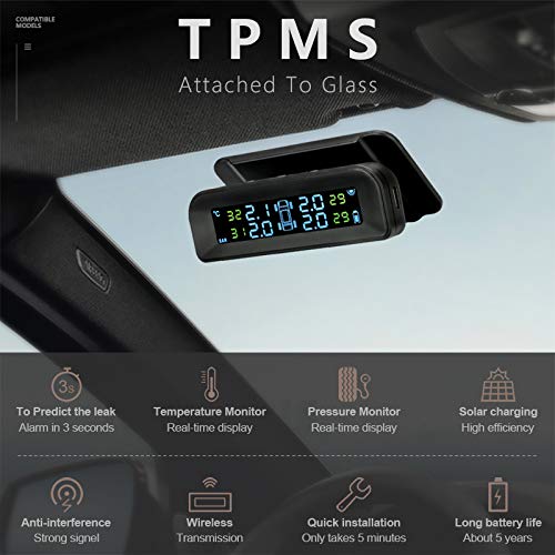 Tpms Sistema di monitoraggio della Pressione dei Pneumatici for Auto Wireless, Carica Solare, misuratore, Display in Tempo Reale attaccato al Vetro(Built-in sensors)