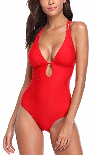 beautyin Womens Lace Up Back One Piece Bathing Suit Deep Plunge Padded Swimsuit