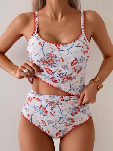 Image of Eomenie Tankini Swimsuit for Women Tummy Control Ruched Two Piece Bathing Suits High Waisted Shell Stitch Swimwear