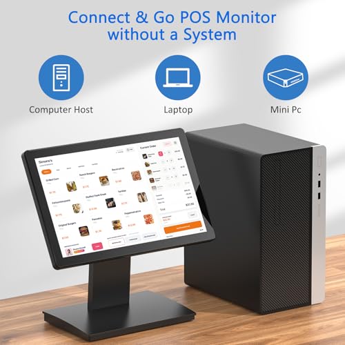 Image of 15.6 inch Touchscreen POS Monitor, 1920x1080 FHD IPS Display, 10-Point Capacitive Touch, with HDMI /VGA Input, Heavy Duty Metal Stand for Restaurant, Bar, Gym, Warehouse, and POS Systems