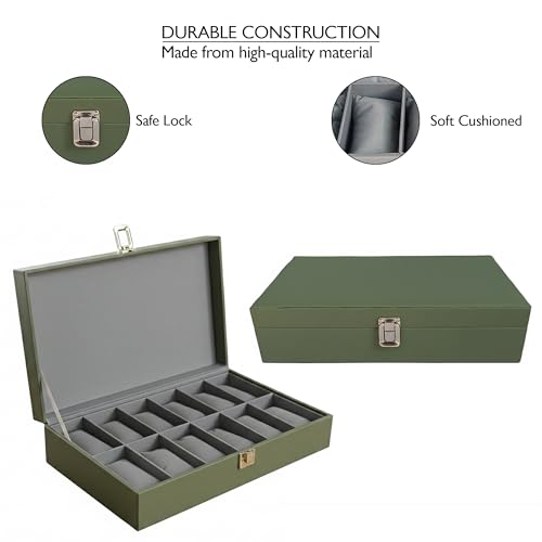 Image of MDF Unisex Faux Leather Watch Organiser Box with 12 Slots | Color: Green