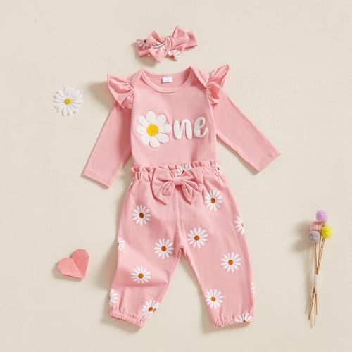 MAHUAOYIXI Baby Girl 3Pcs 1st Birthday Outfits Letter Embroidery Long Sleeve Romper with Floral Pattern Long Pants Set Headband Toddler Clothes Girls Birthday Gift (Pink, 12-18 Months)