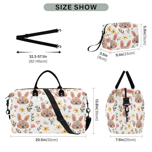 Weekender Bags Travel Duffel Gym Bag Rabbit Flower Leaves Carry on Overnight Tote Bag with Toiletry Bag for Airplane Travel Trip Gym Yoga3