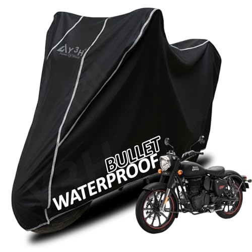 Image of Bike Body Cover for Bullet 350 Cc Full Body Cover with Waterproof, Dust Proof, UV Rays Protective, Tripple Stitching & Lightweight Two Wheeler Covers - Black, White Piping