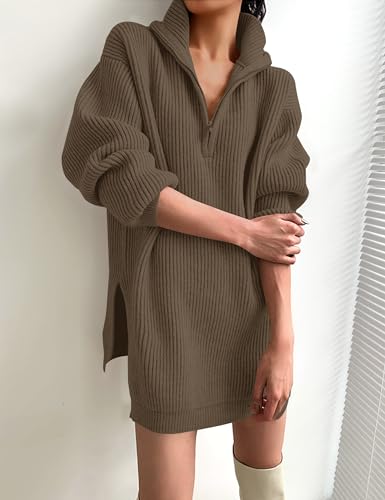 ZESICA Womens Fall Long Sleeve Sweater Dress Casual Quarter Zip Oversized V Neck Collared Knit Pullover Mini Dresses2