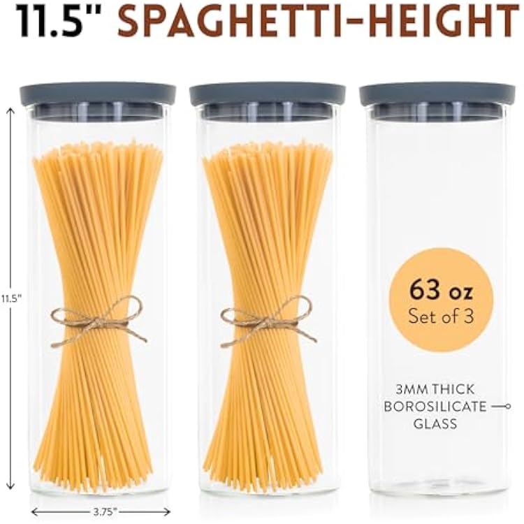 Glass Spaghetti Kitchen Storage Containers with Airtight Silicone Lids, BPA-Free Pantry Glass Storage Jars with Airtight Lid for Pasta and Dry Foods - Set of 3 with Portion Tool