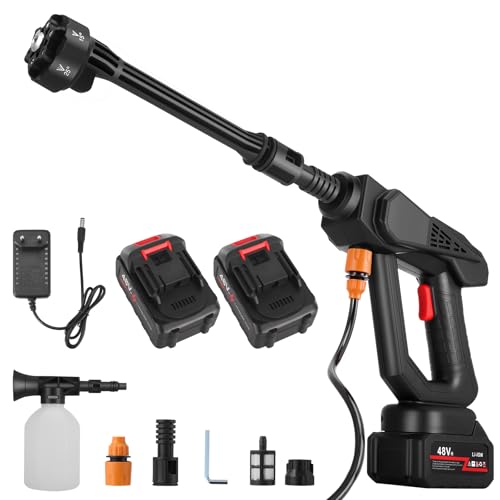 Hochdruckreiniger kabellose,60 Bar Mobiler Hochdruckreiniger mit 2 x 1500mA Akku, Schaumsprüher,Pressure Washer,Waschpistole mit 6 Multifunktionale Düse und 180° Drehbare Düse (Akku Hochdruckreiniger)