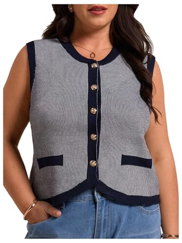Verdusa Women's Plus Size Striped Button Down Sweater Vest Sleeveless Crew Neck Knit Tank Top