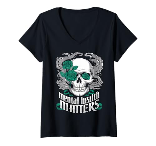 Mujer Gothic Skull Mental Health Awareness Green Roses Camiseta Cuello V