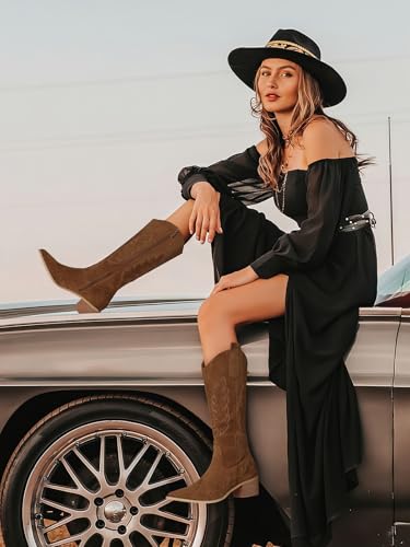 Image of SHIBEVER Suede Knee High Cowboy Boots for Women Comfortable Tall Cowgirl Boots Zipper Low Heel Fall Winter Western Booties