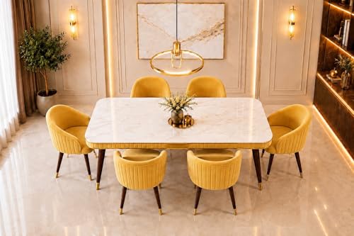 Image of WOODEN SPACE 6-Seater Wooden Dining Table Set | Nano Composite Marble Top | Solid Wood Base | Modern Dining Room Furniture with 6 Chairs (Yellow)