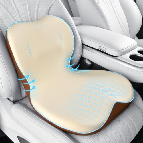 Image of Coverado Car Seat Cushion and Lumbar Support Pillow One Piece, Memory Foam Ergonomic Back Support Driving Seat Cushion for Back Pain, Non-Slip Washable Cushion for Car, Driver, Office