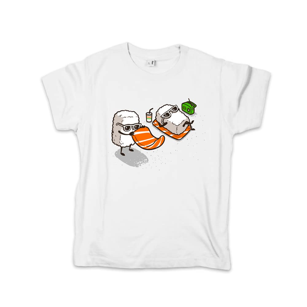 Pampling Camiseta para Niños y Niñas de Mangas Cortas, Ropa Infantil Unisex con Estampados Originales en 5 Tallas, Camiseta 100% Algodón Blanca, Modelo Summer Sushi