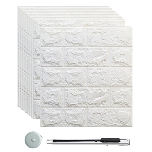 mymai 3D Tapete Wandpaneele Selbstklebend,10 Stück Ziegel Tapete,Steinoptik Tapete Wasserdicht Wandaufkleber, 35×38.5cm Wandtapete Schaumstoff,für Küche Wohnzimmer Schlafzimmer Kinderzimmer (Weiß)
