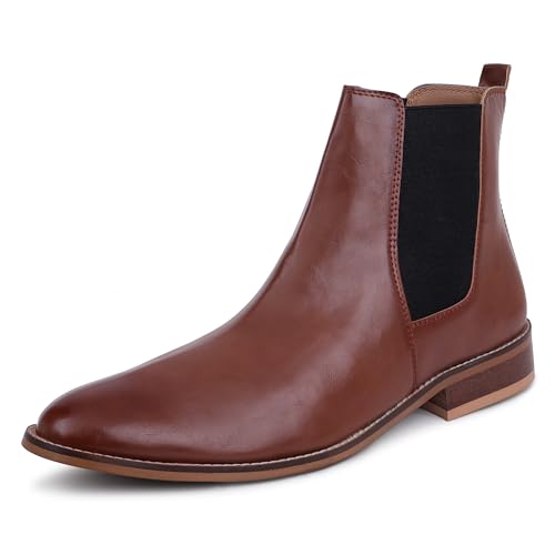 Image of LOZANO Genuine Leather Tan Chelsea Boots for Men | High Ankle Boots, Soft Cushioned Insole, Slip-Resistance, Arch Support & Shock Absorption